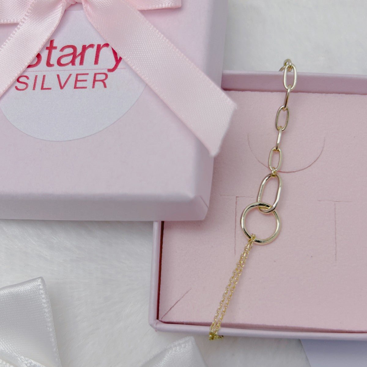 Gold-plated silver bracelet - double chain circle charm - #jewelry for women# - Starry Silver